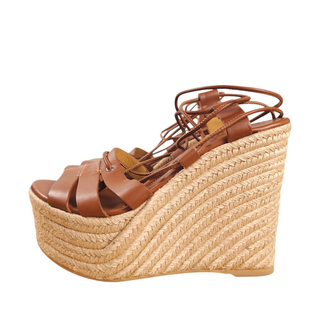 Polo Ralph Lauren Platform Wedge Leather Espadrille Sandals Brown Sz 37.5